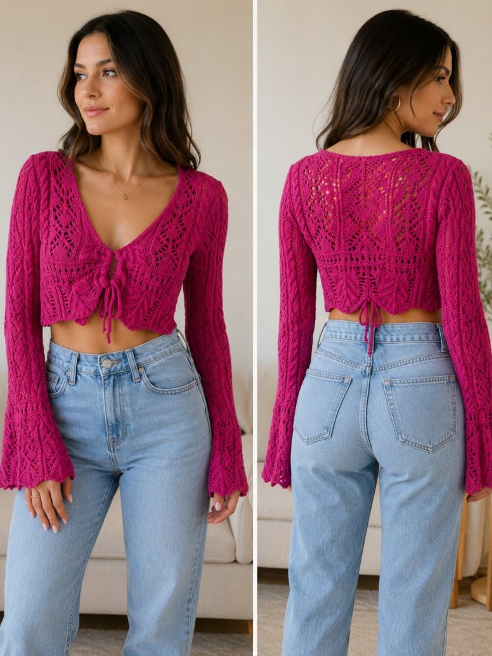 Emory Park Hot Pink Crochet Tie Front Cardigan | Size Small